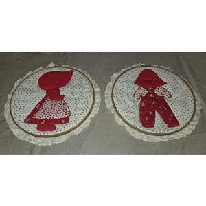 SET VINTAGE SUNBONNET SUE & OVERALL BILL Wall Art Hangings Embroidery Wood Hoops